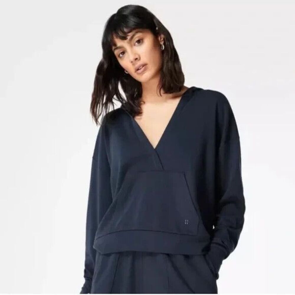 Sweaty Betty Jumper Hoodie Womens Black Crop Pocketed Wrap V Neck size 12